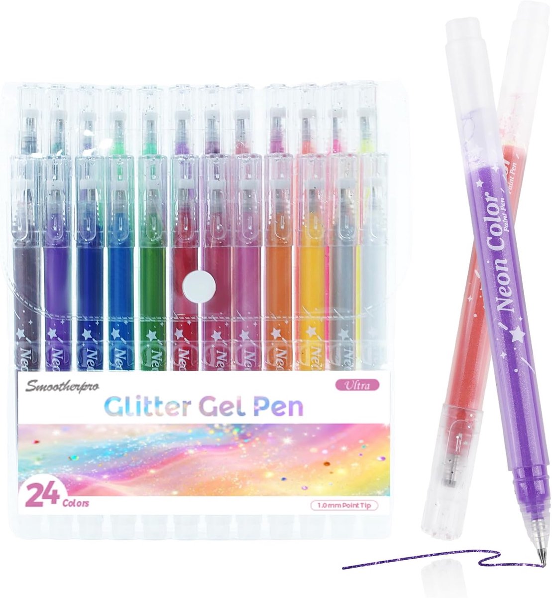 SMOOTHERPRO Glitter Gel Pens, 24 Pieces, Tip 1 mm, Glitter Gel Pen, Ideal for Colouring Books, Cards, Diaries, Crafts - ShopVlot