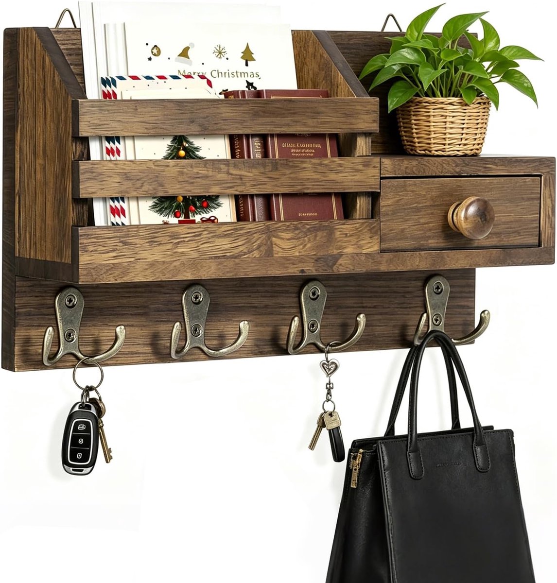 Wooden Key Rack with Shelf Key Shelf Wall with 8 Key Hooks Decorative Key Holder Space Saving Drill Version - ShopVlot