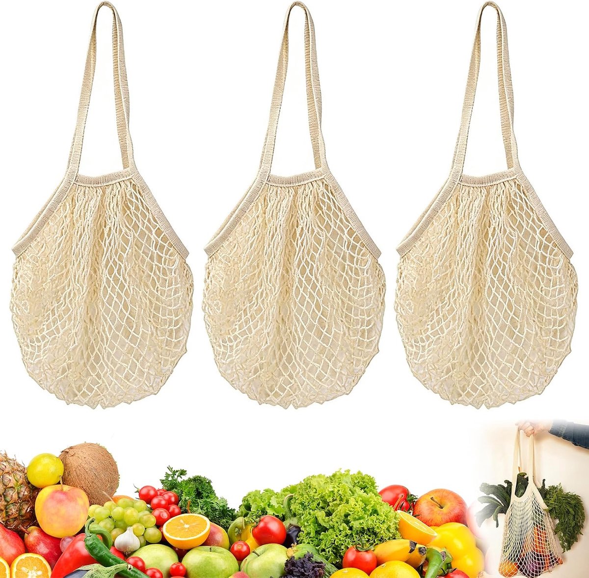 Boodschappentas, 3 stuks, herbruikbaar, beige nettas, katoenen nettas met lange handgreep, geschikt voor het bewaren - ShopVlot