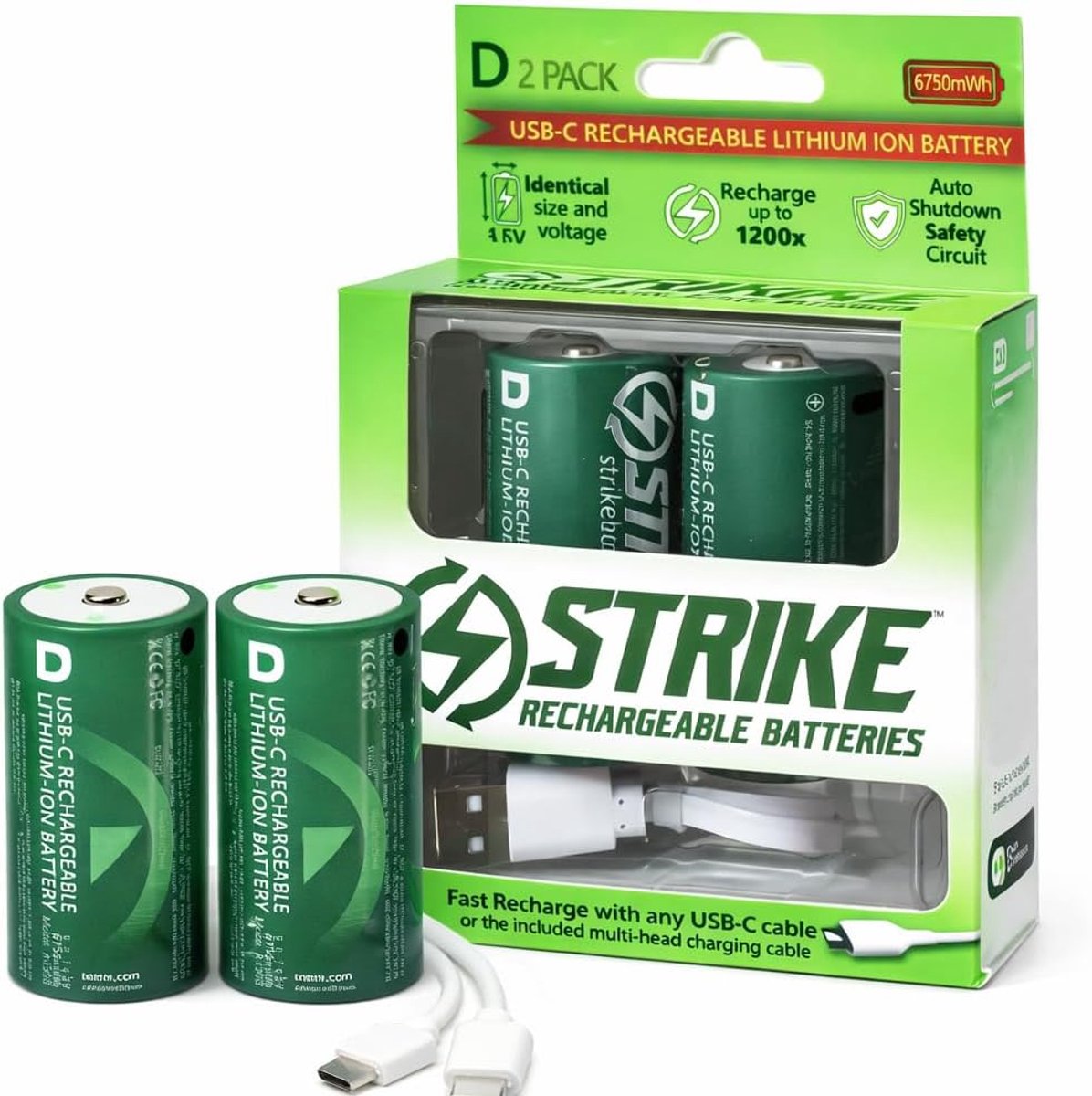 D Battery Lithium Ion 2 Pack Smart LED 1.5V 6750mWh USB-C Rechargeable with Charging Cable, No Charging Box Needed! - ShopVlot