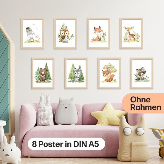 Poster collage schattige bosdieren - 8 x DIN A5 - vrolijke illustraties - perfect voor baby- en kinderkamer - ShopVlot — afbeelding 4
