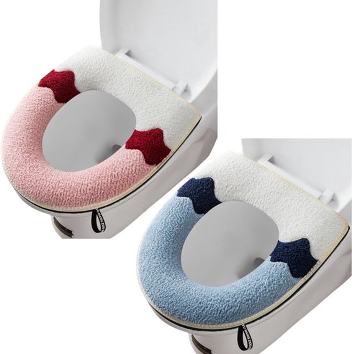 Toiletbrilhoezen - 2-pack - Warme toiletbrilhoezen - Verdikte toiletbrilhoezen voor in de badkamer - Met handgrepen - Toiletbrilhoezen - Zacht en dik - Comfortabel en warm - Wasbaar - Past op alle ovale toiletbrillen - Blauw - Roze