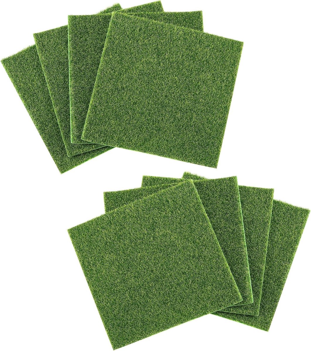 Miniatuur Kunstgras Set van 8, Kunstmos Decoratie voor Tuin en Modelbouw, 15 x 15 cm, Ideaal voor Poppenhuizen en Diorama's