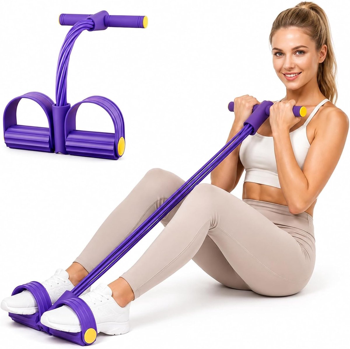 Multifunctioneel spankoord voor thuisfitness, buik- en beentraining met antislip pedalen en latex weerstandsbanden.