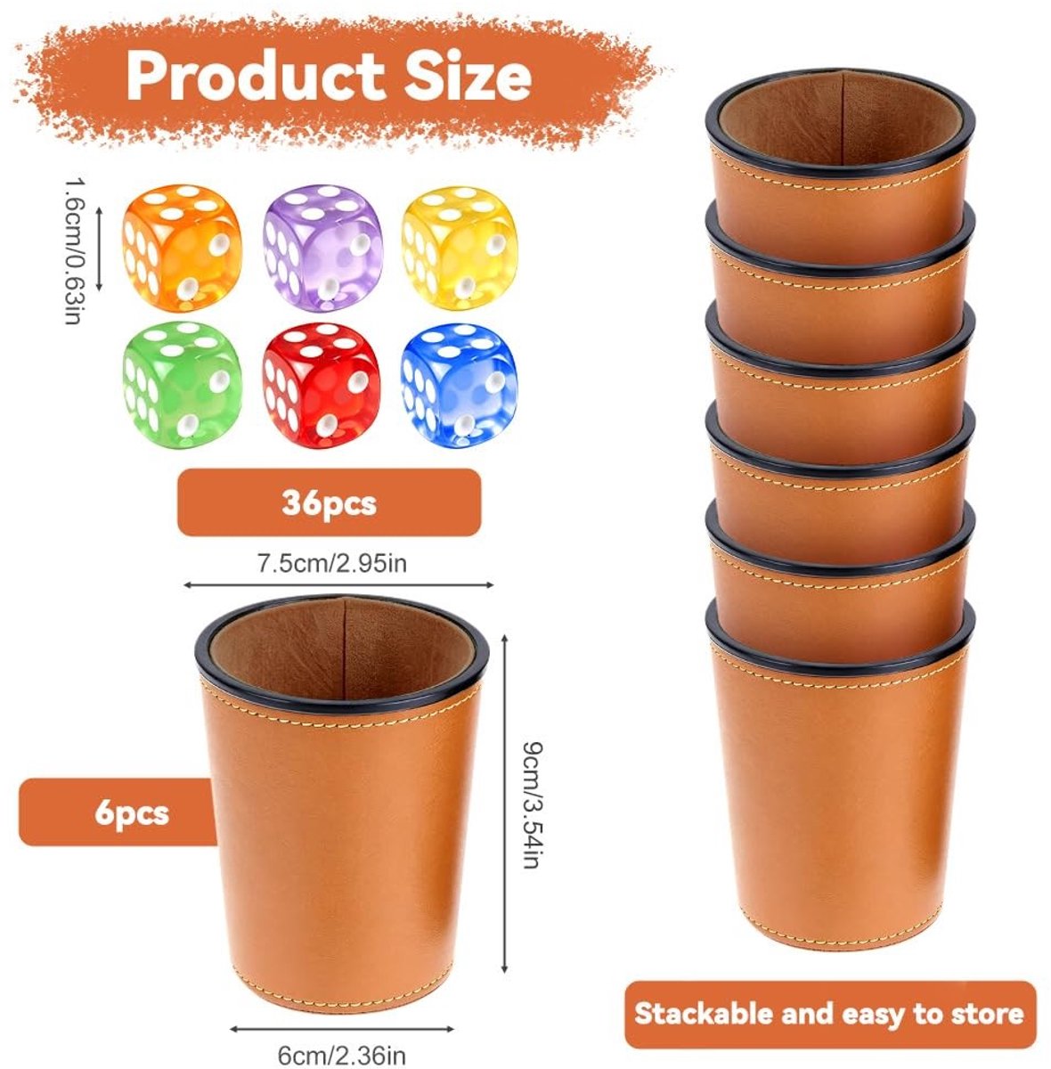 Solidchoice - 6-delige Set met Leren Hulzen en Dobbelstenen