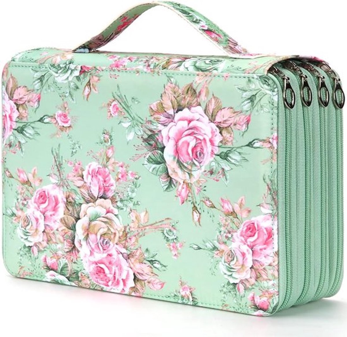 Gekleurde etui - 200 vakken voor potloden met ritssluiting. Grote etui van keperstof voor aquarelpennen of -markers, organizer voor potloden voor kunstenaars (groen)