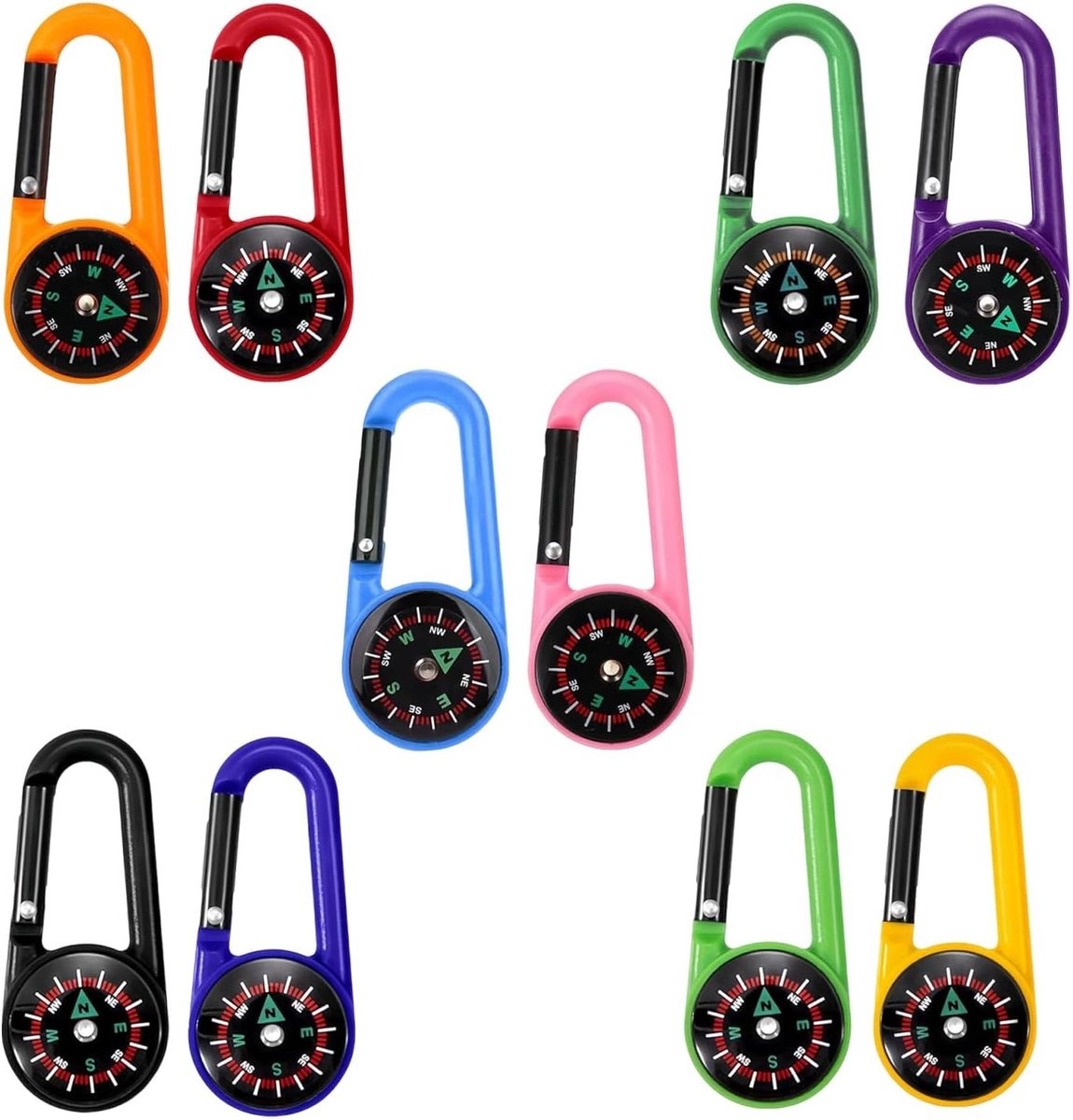 Kleurige Mini Kompas met Karabiner - 10 Stuks Sleutelhanger Kompas voor Buitenactiviteiten, Wandelen en Kamperen