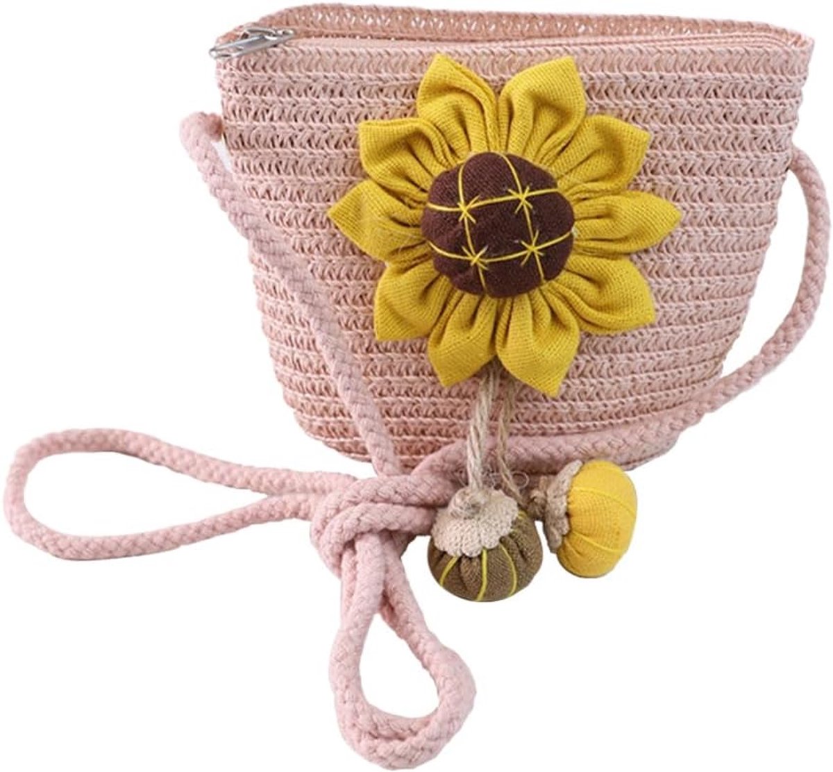 Girls' Floral Straw Bag with Zipper Sunflower Straw Bag Crossbody Bag Straw Shoulder Bag for Holiday Travel Outdoor - ShopVlot