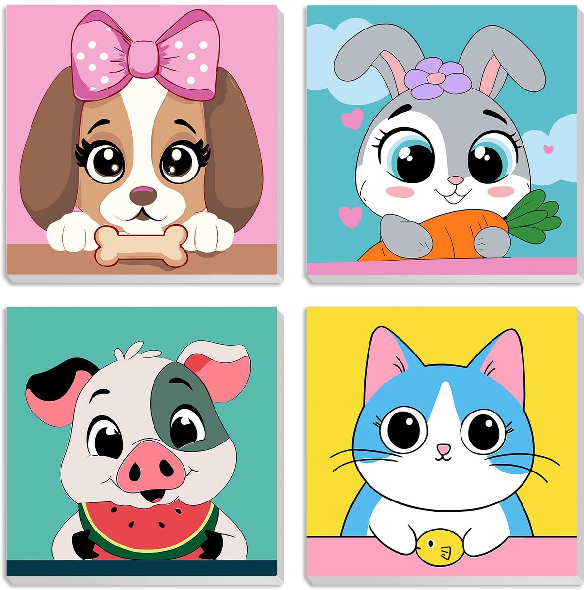 MXJSUA Schattige dieren honden konijn set met 4 ingelijste doeken om te schilderen op nummer, voor kinderen en - ShopVlot