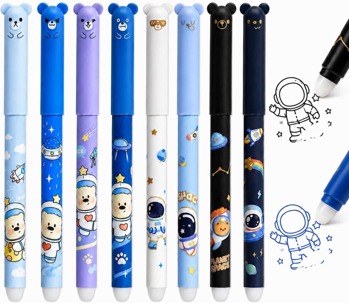 Set van 8 uitwisbare gelpennen voor kinderen, ruimte-astronaut en ruimtebeer-motief, 0,5 mm, thermisch uitwisbare - ShopVlot