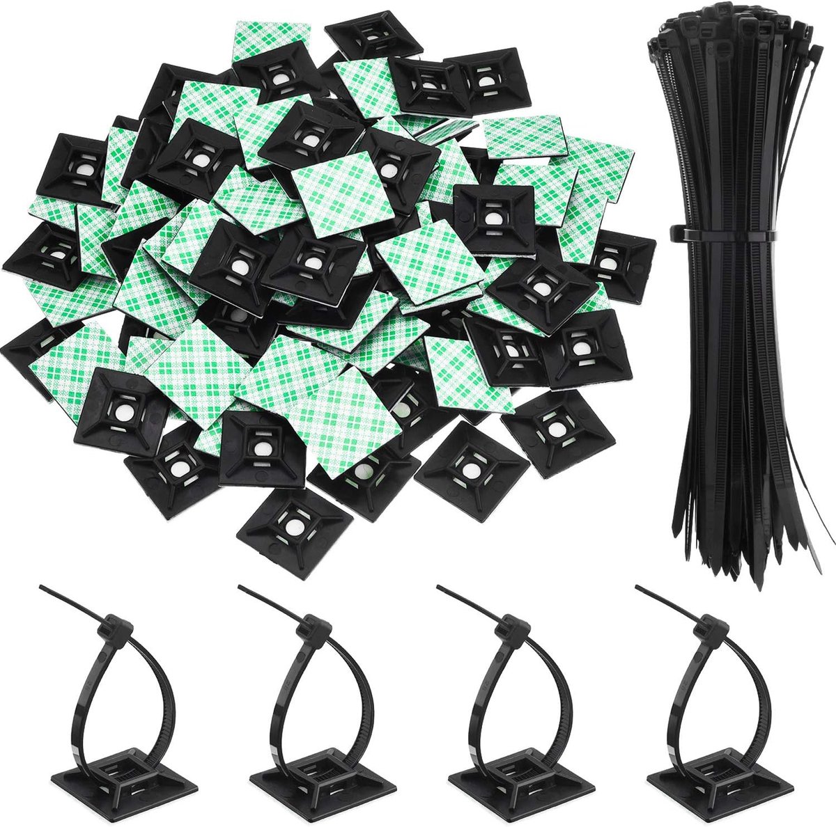 Kabelbinders met zelfklevende kabelclips - 100 stuks - zwart - ruimtebesparend en eenvoudig te installeren - ShopVlot