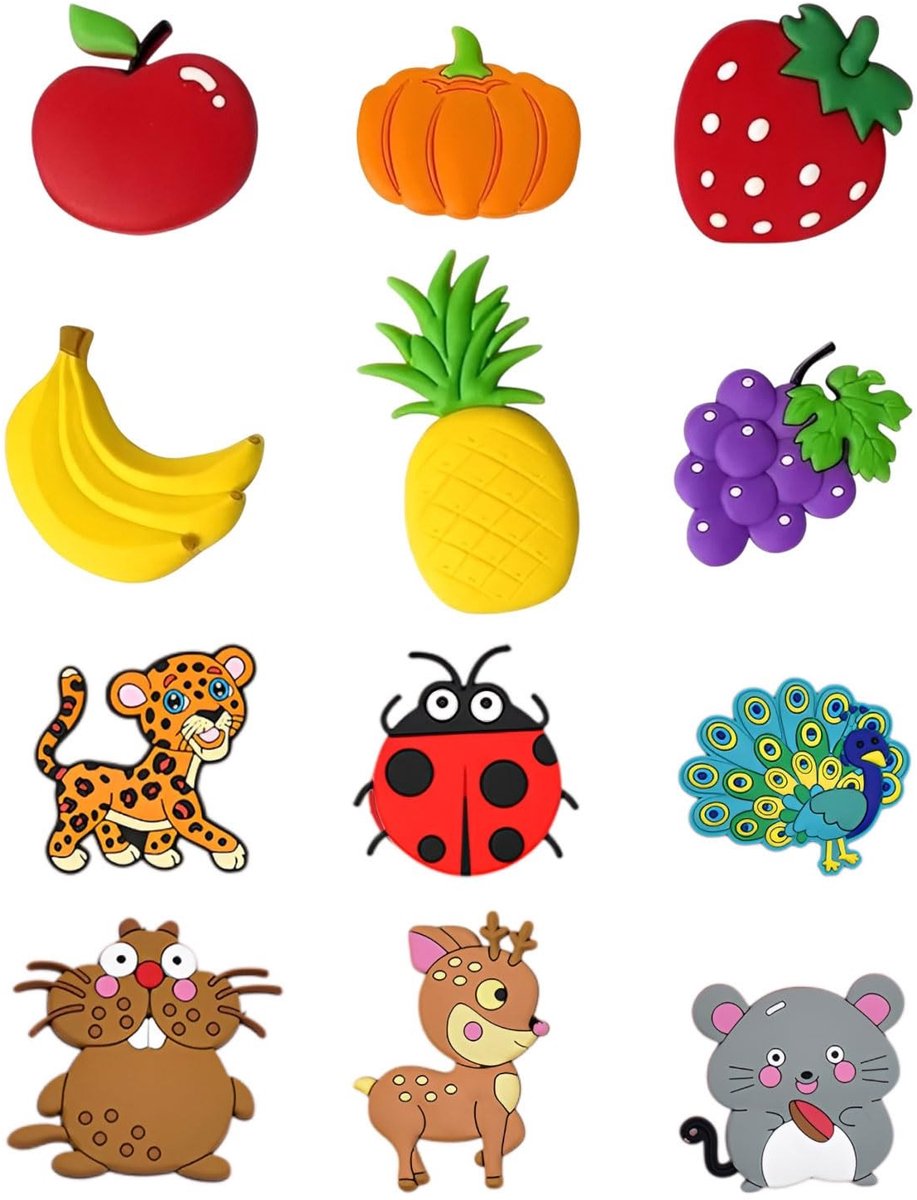 Solidchoice - Set van 12 Sterke Koelkastmagneten met Fruit en Dieren Motieven