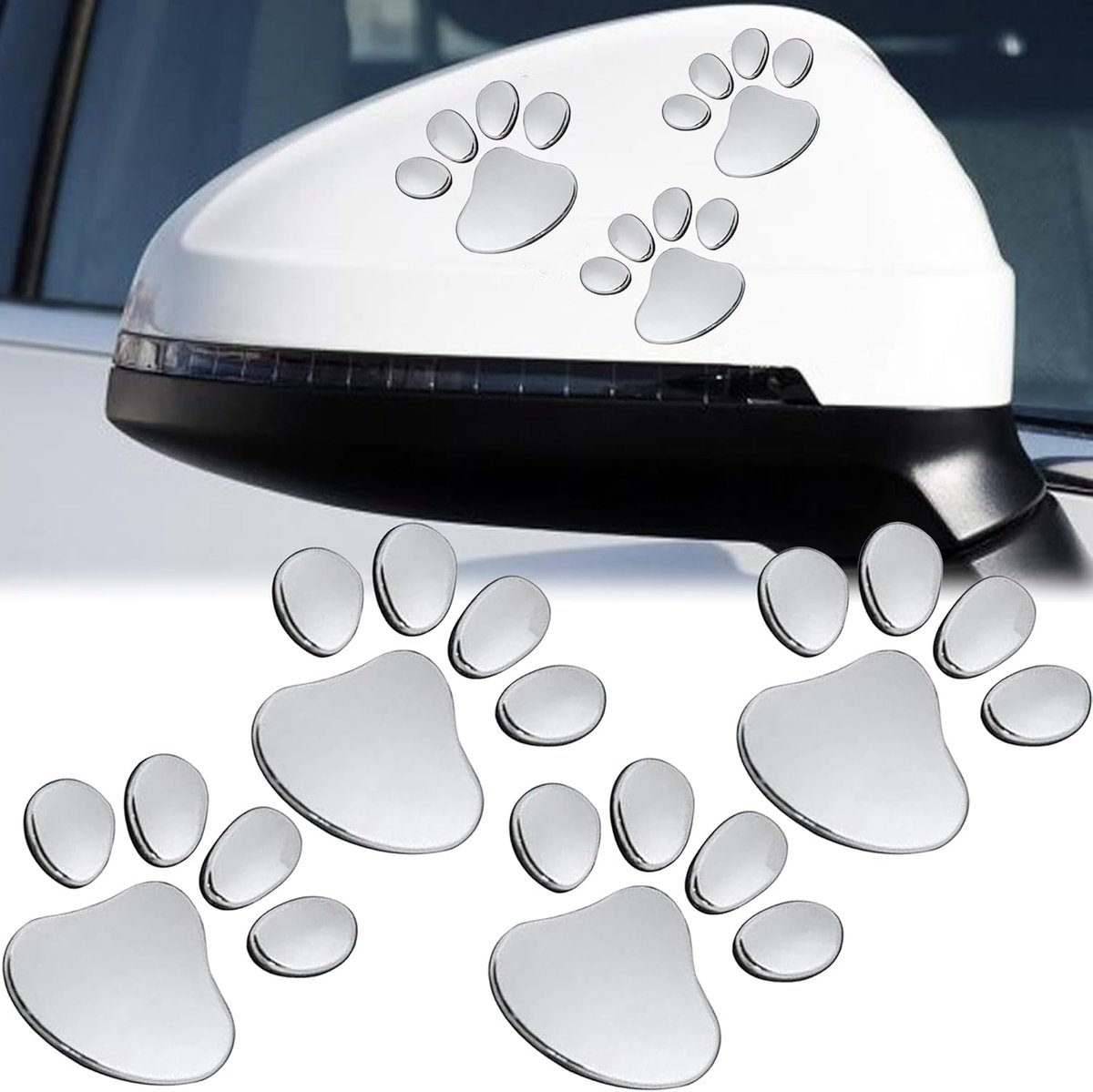 3D voetafdruk stickers 4 stuks - chroom zilver - hondenpoot embleem - unieke auto decoratie - ShopVlot