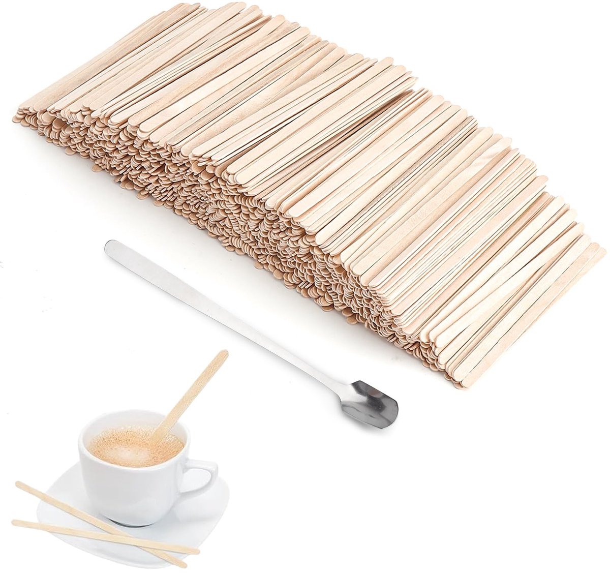 Solidchoice - Set van 1000 Houten Roerstaafjes en RVS Koffielepel