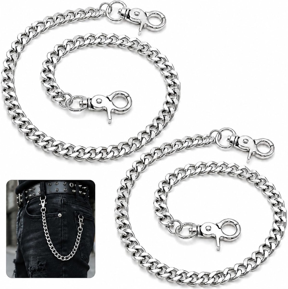 Punk broekketting 42 cm - metalen portemonneeketting - stevige karabijnhaken - perfect voor dagelijks gebruik - ShopVlot
