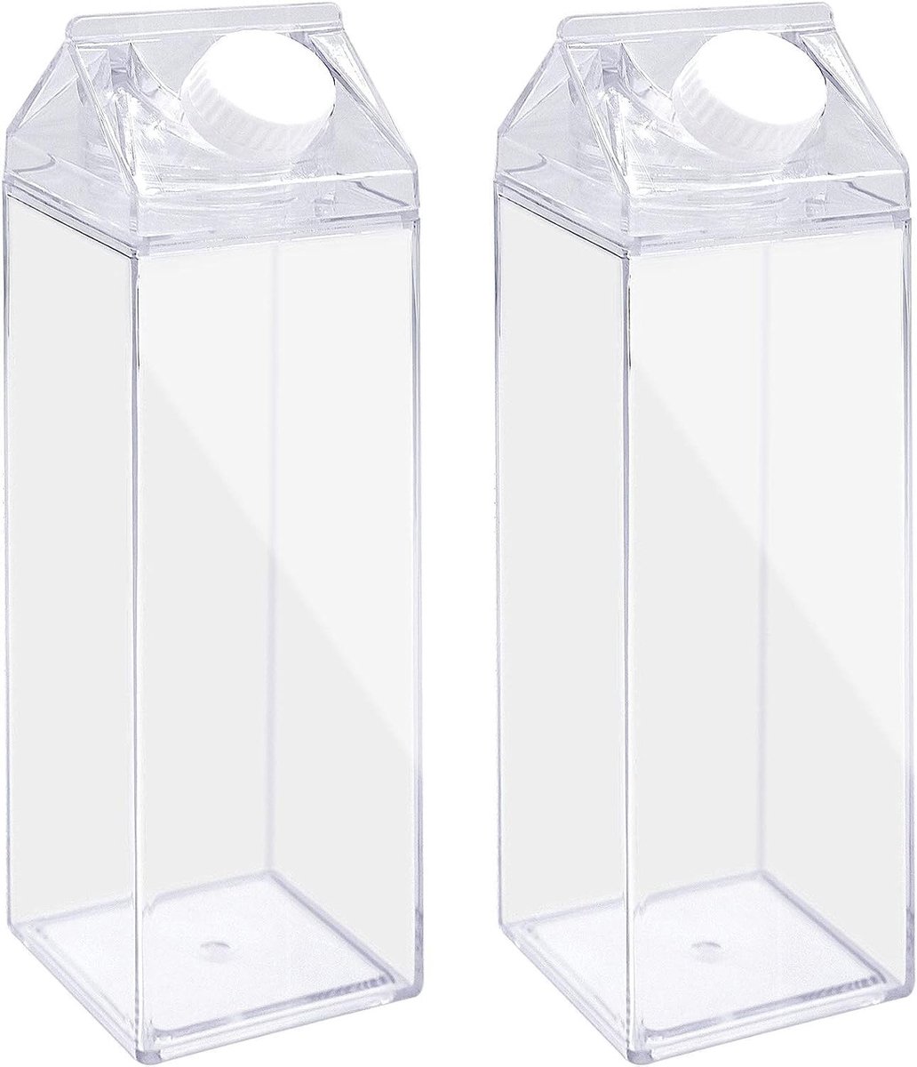 SnelShoppen - Pack van 2 Transparante Melkdozen, Herbruikbare Waterflessen met DIY Decoratiestickers, Kawaii Waterfles voor Kinderen, Perfect voor Fee