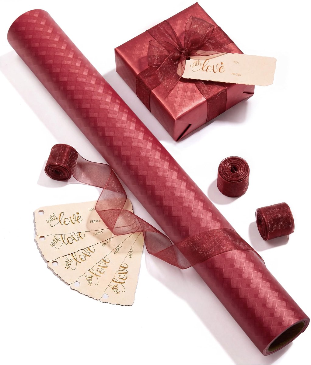Solidchoice - Rood Geschenkpapier met Lint en Cadeaulabels