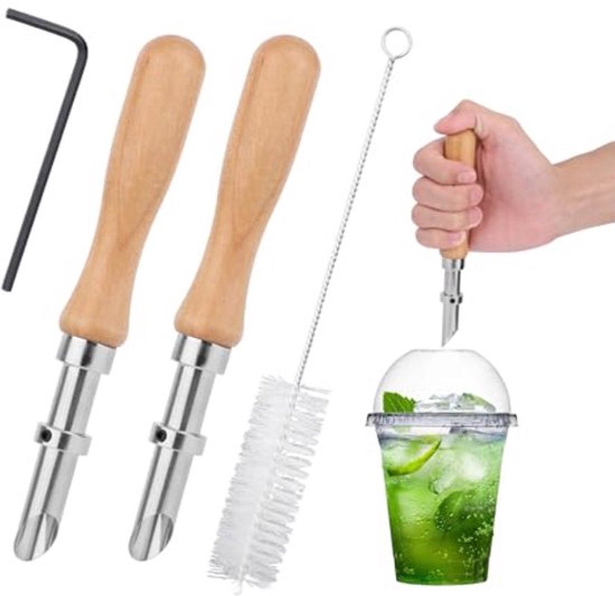 2 Stuks Rietjespons voor Plastic Deksels, Roestvrijstalen Rietjespons met Houten Handvat Limonadebekerpons Praktische Limonadekraambenodigdheden voor Cafés