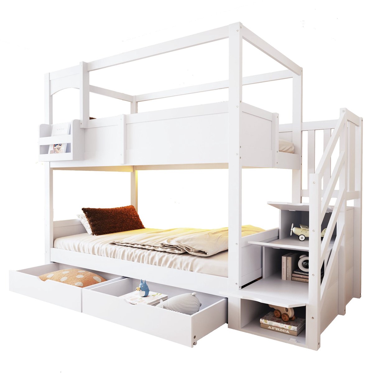 Merax Stapelbed Voor Kinderen 90 x 200 cm - Wit - Hout - Bed In Huisvorm - Met Opbergtrap - Schubladen - Tekenbord