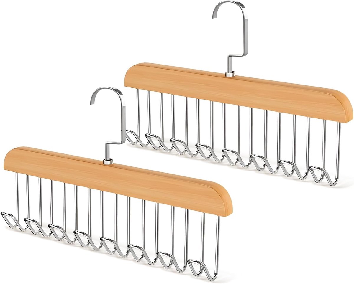 2 Pcs Belt Holders, Wardrobe, Wooden Tie Holder with 8 Hooks, Multifunctional Coat Hanger for Scarves, Ties, Belts - ShopVlot