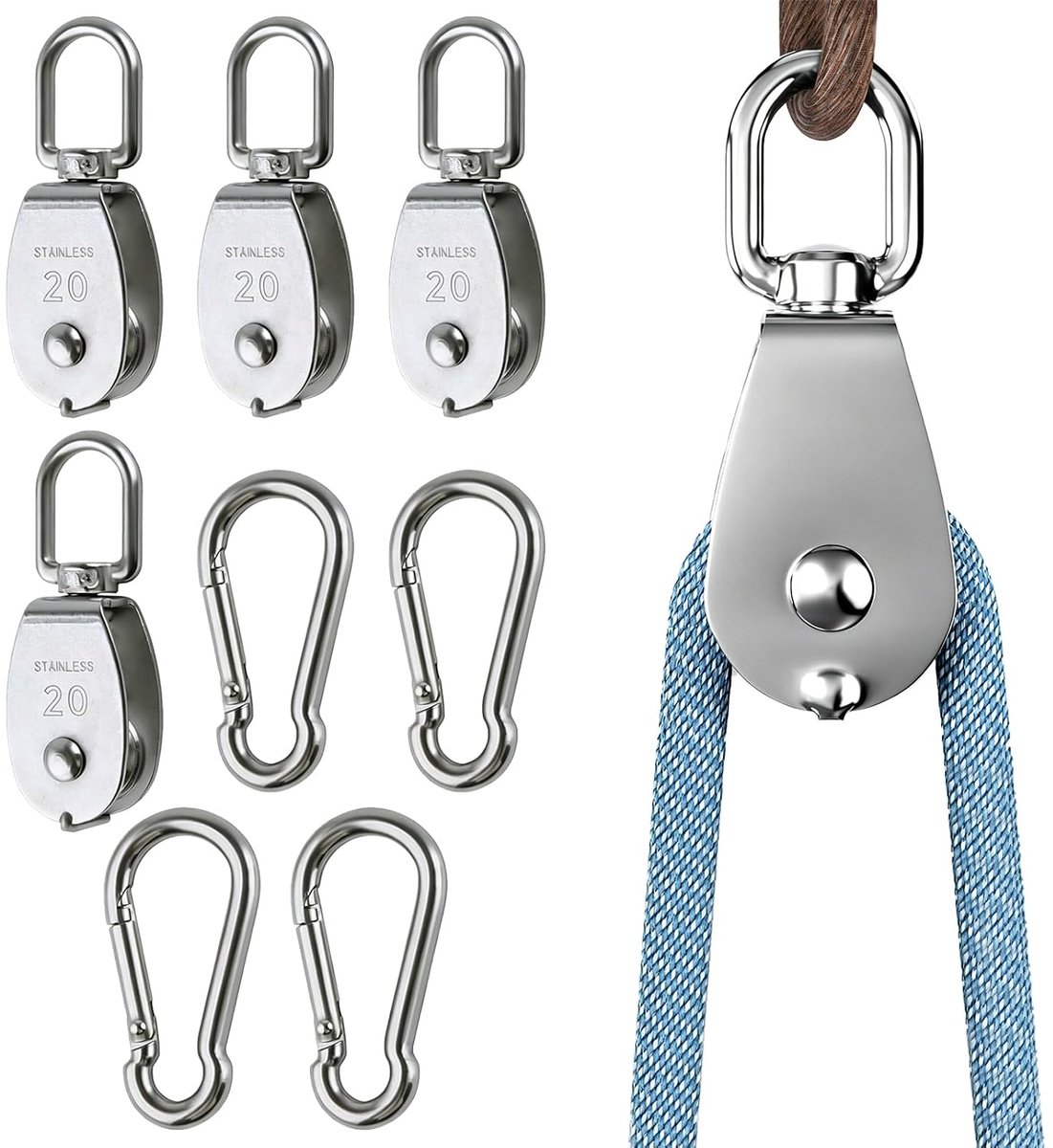 4 stuks afzonderlijke riemschijven van roestvrij staal en karabijnhaak, 360° draaibaar, draagvermogen 75 kg, zilver - ShopVlot