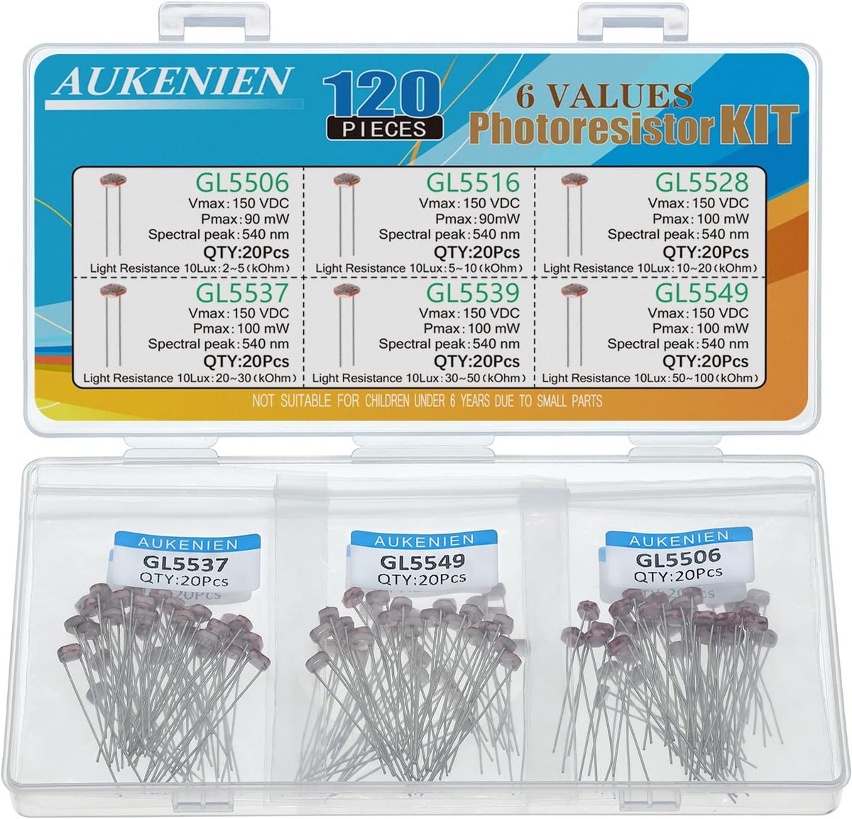 AUKENIEN Photo Resistor LDR 6 Values 120pcs Photo Resistor GL5506 GL5516 GL5528 GL5537 GL5539 GL5549 5506 5516 5528 - ShopVlot