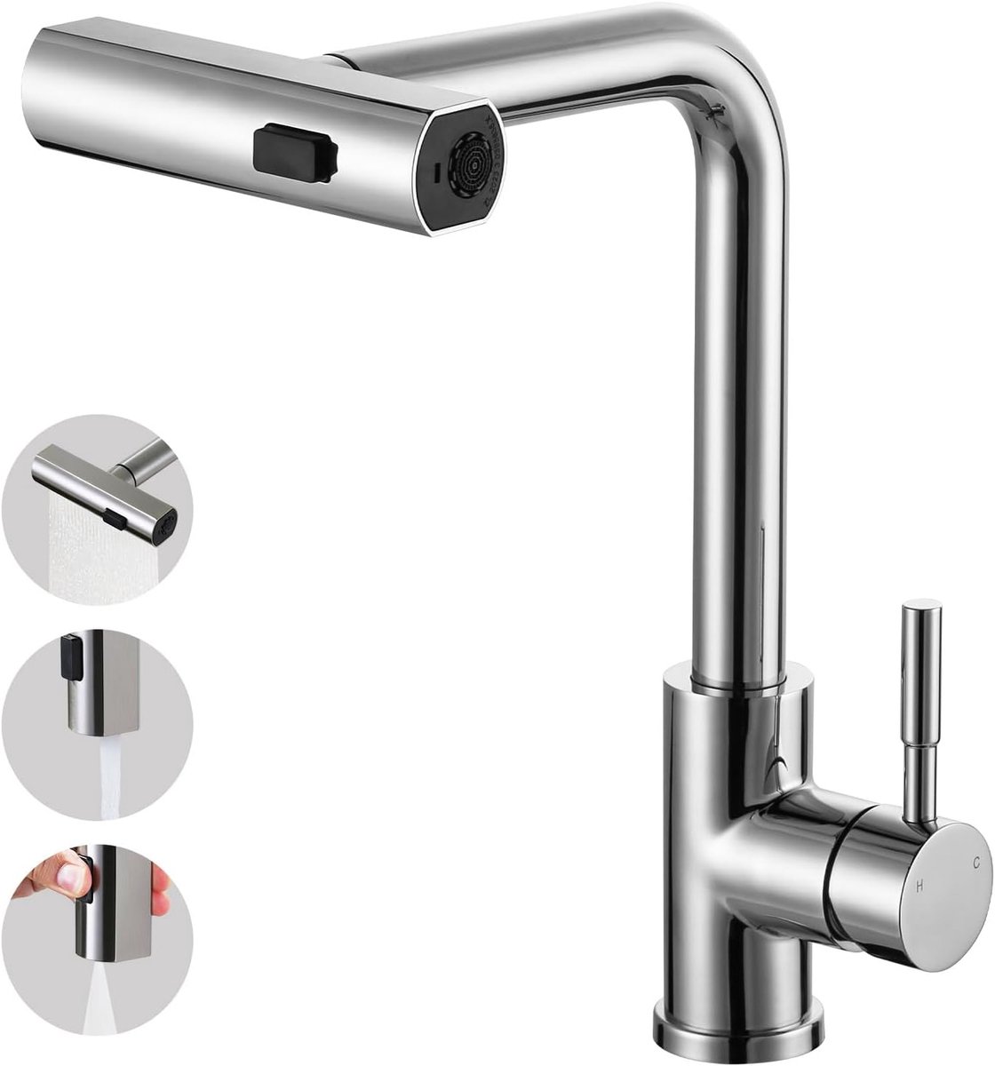 Extendable Kitchen Faucet with High Pressure Sprayer, 360° Rotatable, 3 Water Jet Modes, Chrome - ShopVlot