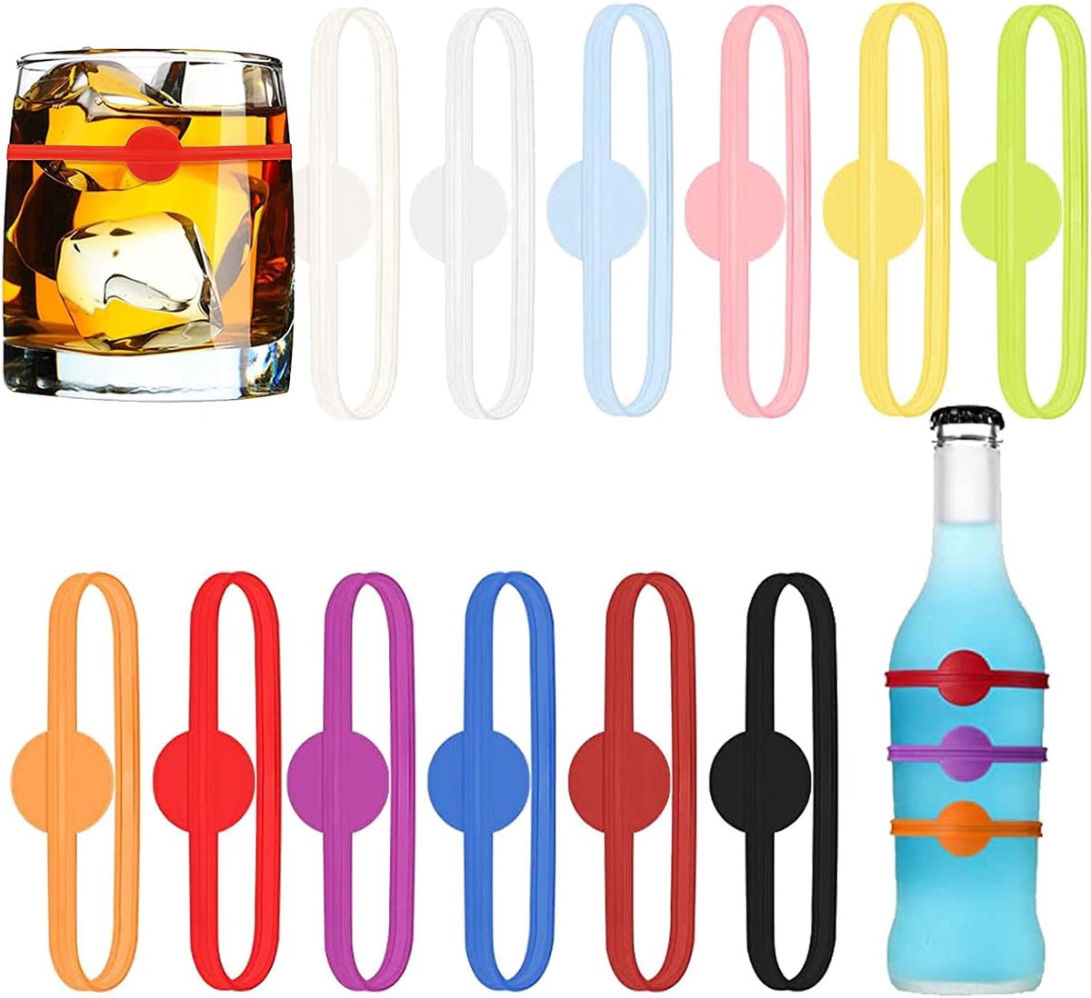 Party Wine Glass Marker, 12 Mixed Color Glass Marking Drinking Glasses, Reversible Markers, Silicone Cup Marker - ShopVlot