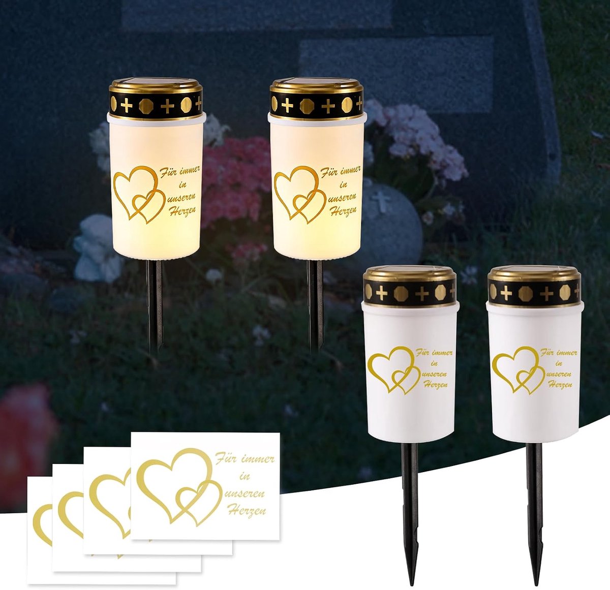 Solar grave lights set van 2 - IP65 weerbestendig - met grondpennen en hartstickers - voor een liefdevolle herdenking - ShopVlot