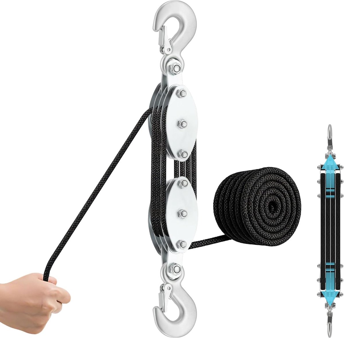 Pulley met touw 20 m - nylon touw - 2000 kg laadcapaciteit - ideaal voor bouwplaatsen - ShopVlot