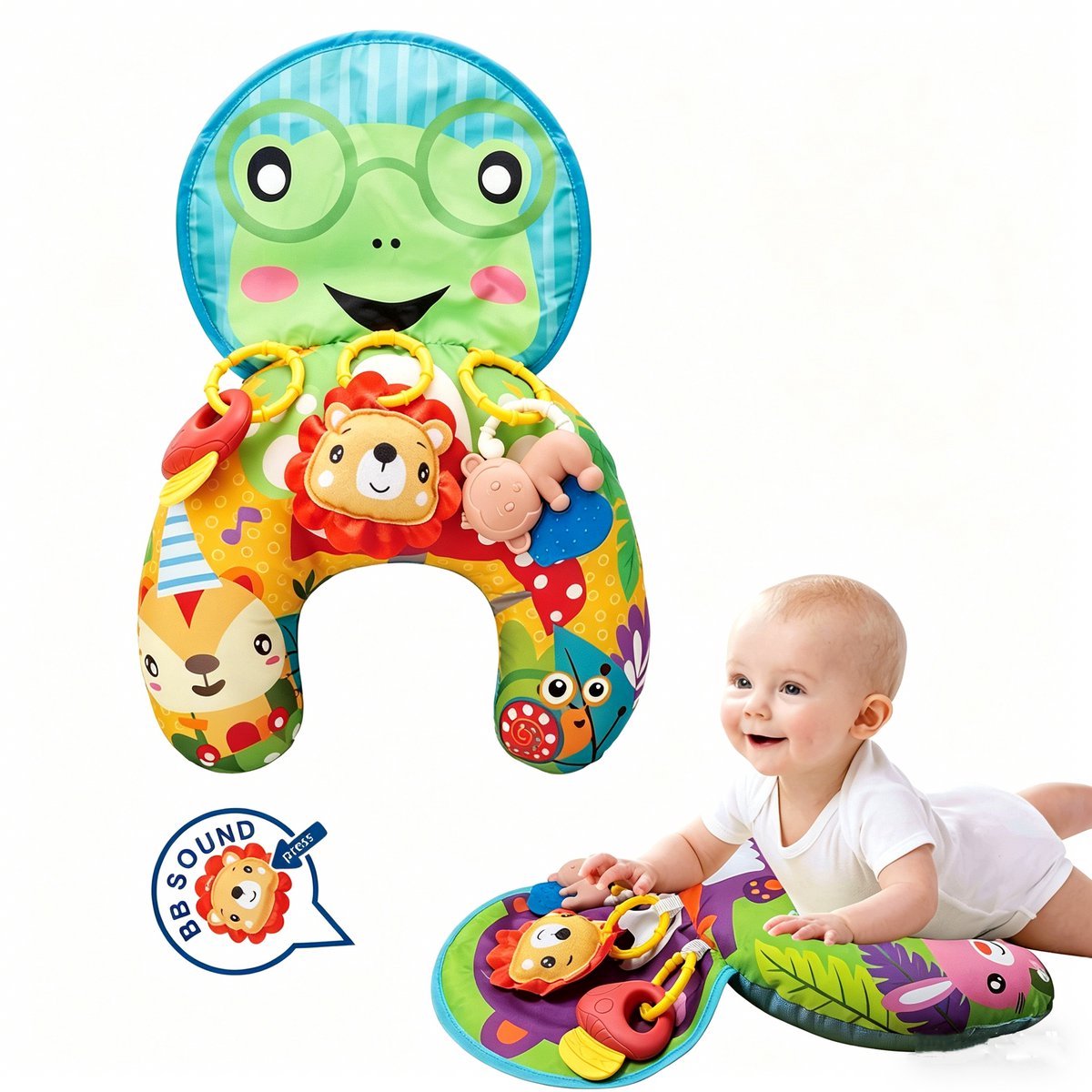 Casalora Baby Buiklig Kussen – Babykussen 6-12 Maanden – Interactief Speelgoed met Rammelaar – Sensorisch – Kikker