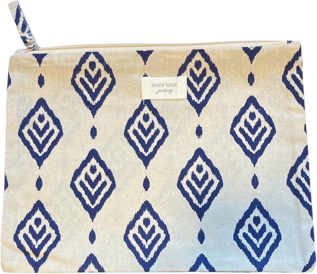 Toilettas 18 x 11 x 9 cm - Ikat patroon blauw-wit - Ruime indeling - Perfect voor op het strand - ShopVlot