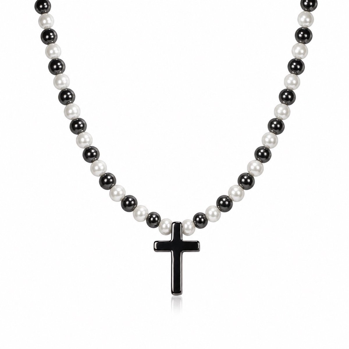 Dames Ketting met Kruis Hangertje – Hematiet Kralen Zwart Wit – Elegant en Stijlvol Sieraad