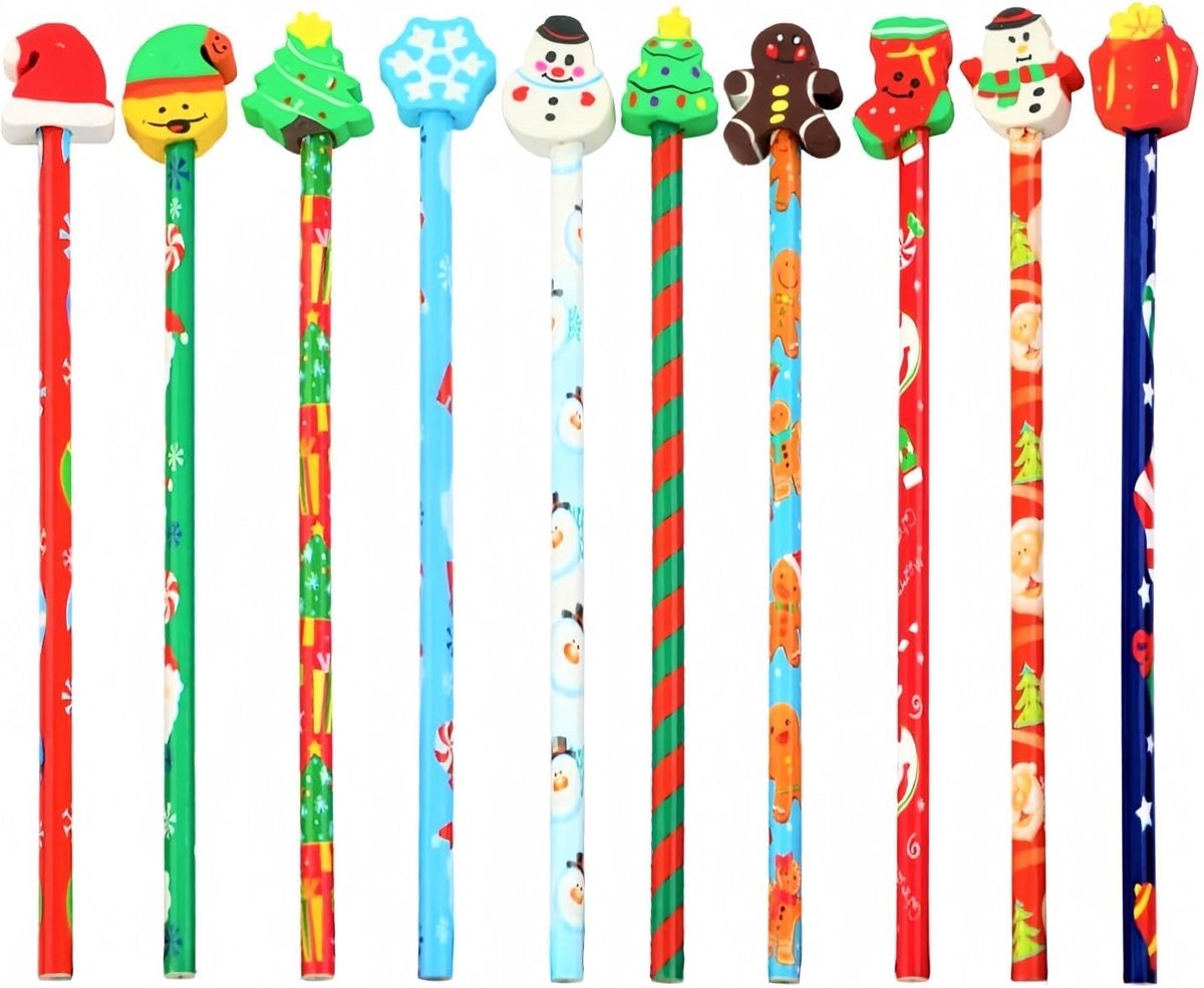Potloodset 50 stuks - 10 verschillende kerststijlen - met gum - ideaal voor kerstdecoratie - ShopVlot