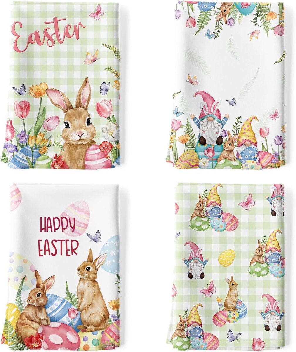 Keukenhanddoeken 4 stuks - 100% katoen - Lente konijnen en bloemen - Ideaal voor keuken en decoratie - ShopVlot