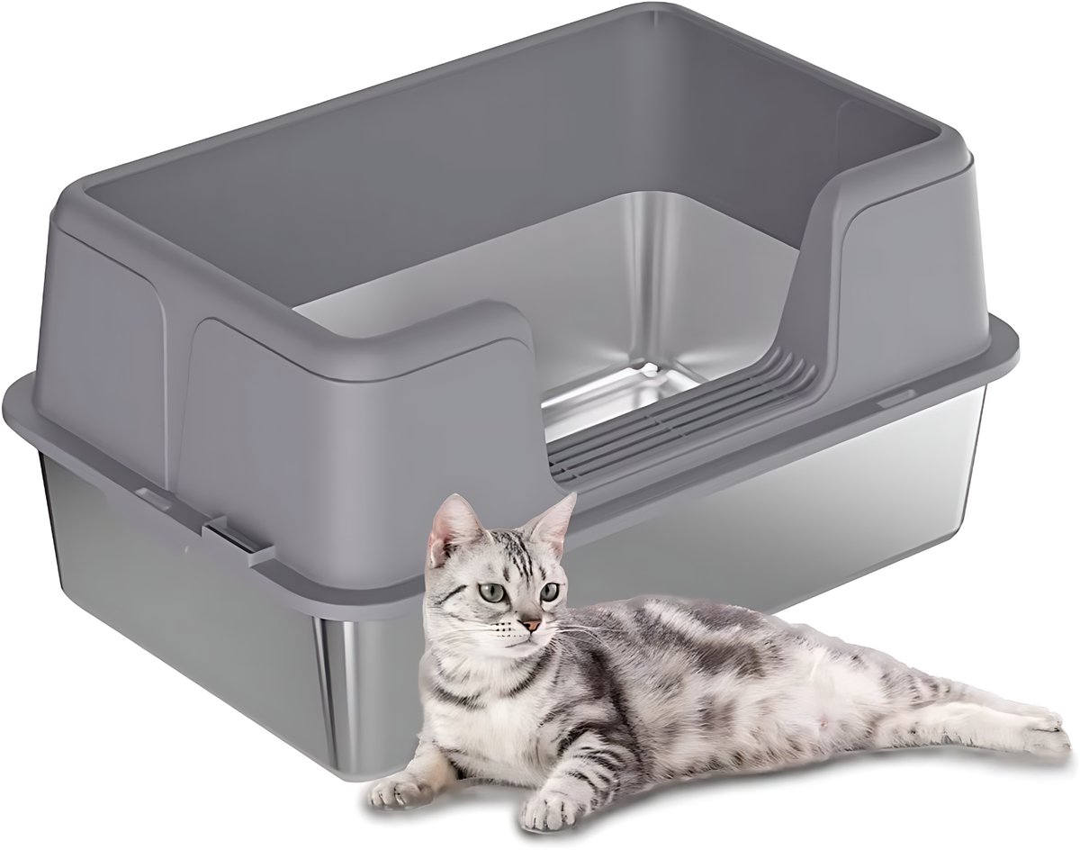 RVS Kattenbak met Deksel - 60cm - Hoge Zijkanten & Spatwaterdicht - Voor Grote & Kleine Katten