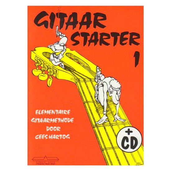 Boekcover voor Gitaar Starter Deel 1 met tekeningen van twee figuren op een gele gitaarhals. Tekst: Gitaar Starter 1, Elementaire Gitaarmethode door Cees Hartog.
