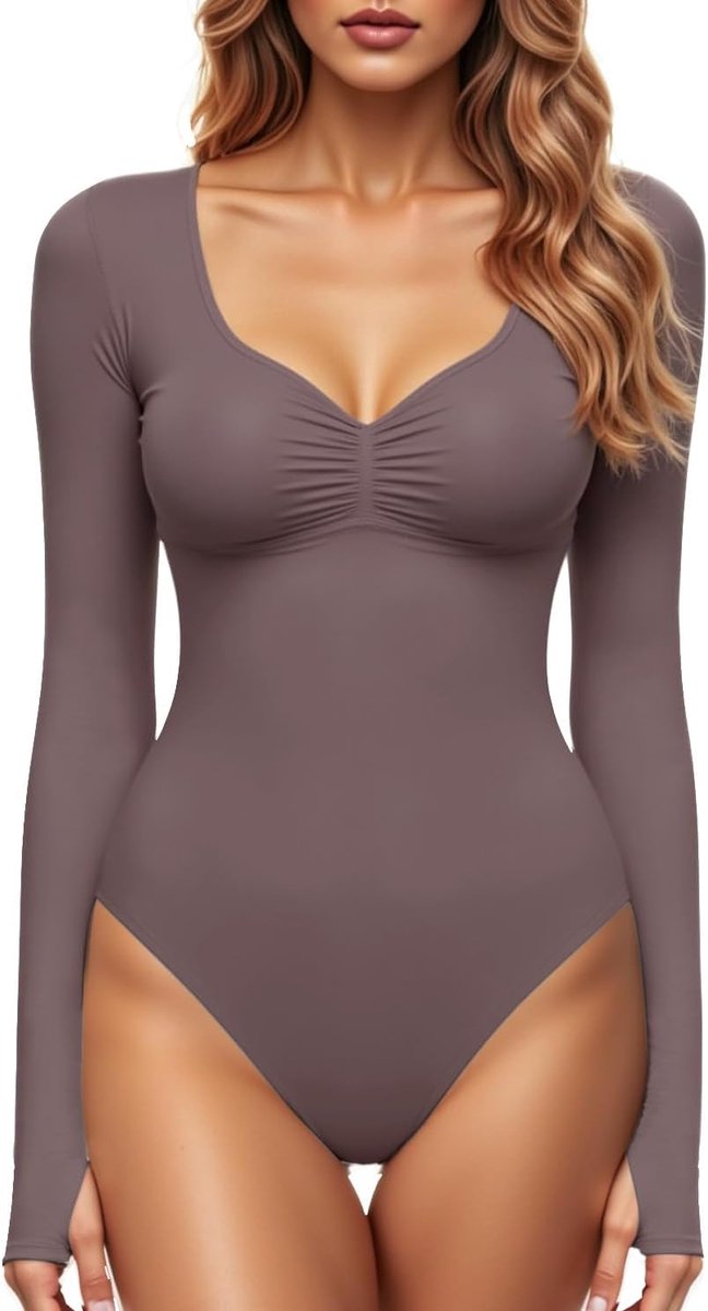 Women's Square V-Neck Bodysuit Sexy Fashion Long Sleeve Stretch Top Brown Rose XXL, brown,rosé - ShopVlot
