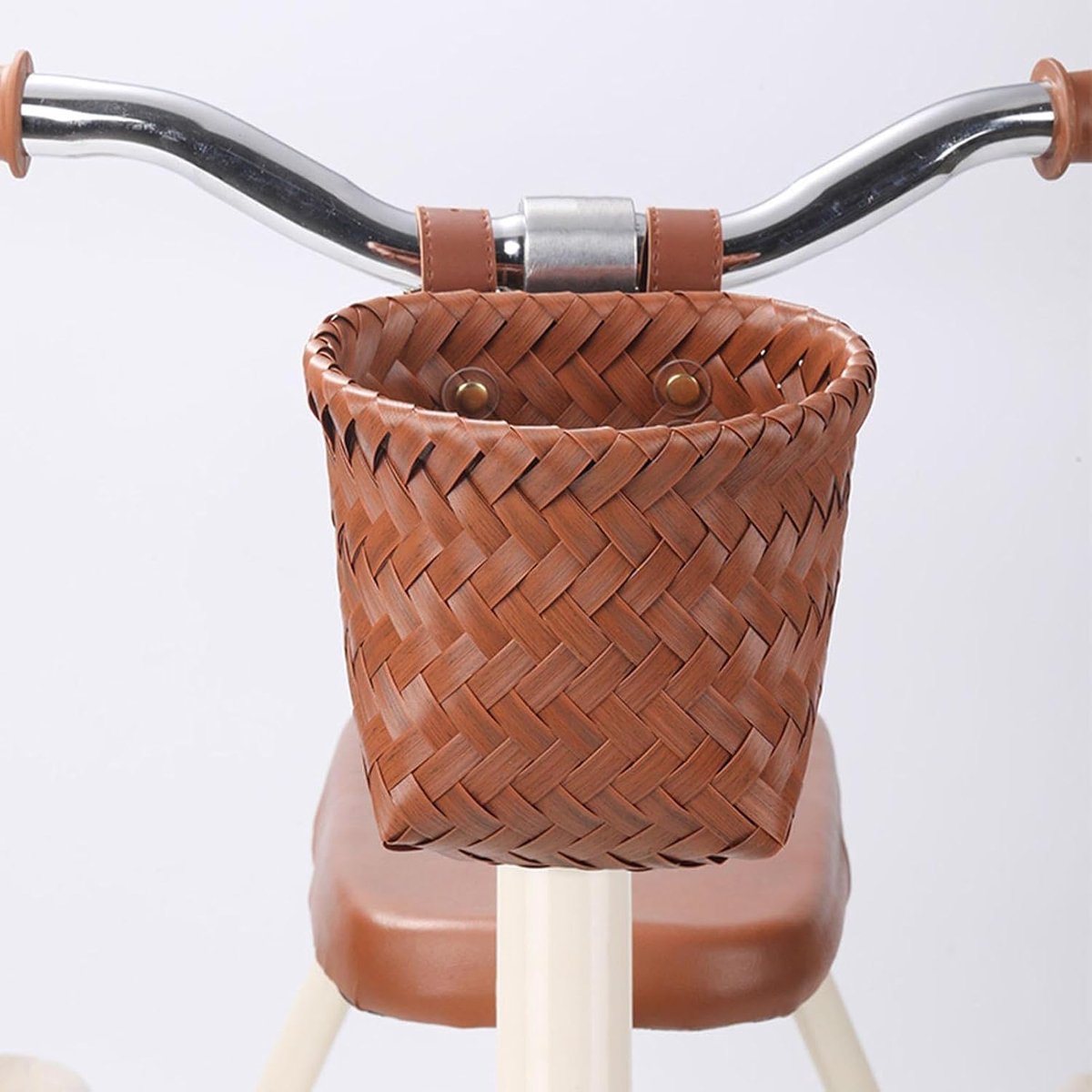 Kinder Fietsmand - Fietstas Stuurmand - Spullen Vervoeren - Vormvast Gevlochten - 15x12x12cm - Thee Bruin