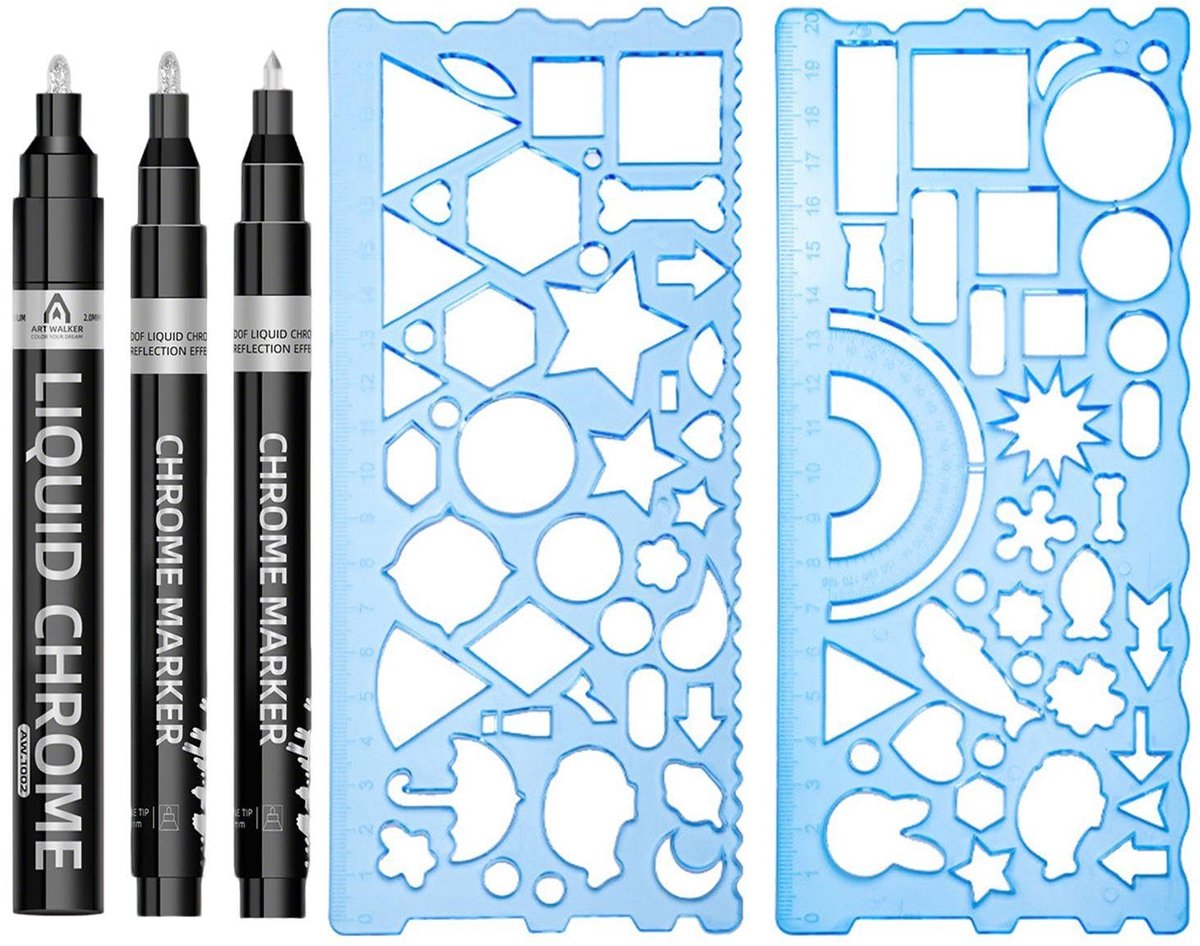3 Stuks Spiegelkleuren, 2 Stukken Liniaal, Zilveren Marker, Verfpen, Creatieve Cartoon Lacqueranly - ShopVlot