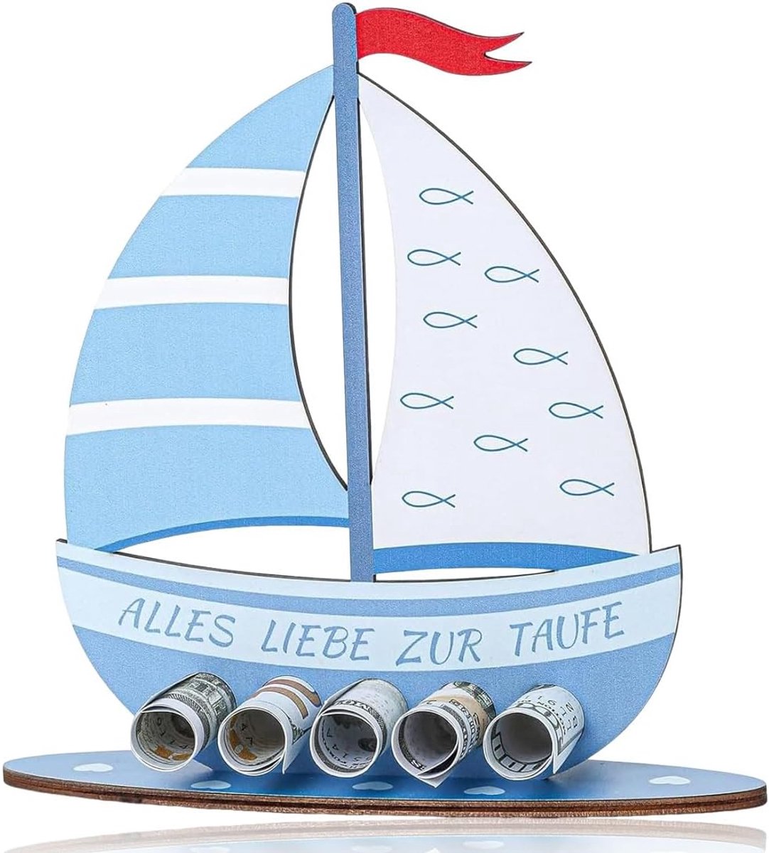 1 x blauwe houten boot geldgeschenk doop 3D decoratie standaard - ShopVlot