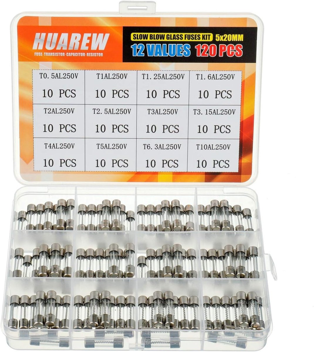 12 values 120pcs 5x20mm slow blown glass fuses 0.2 x 0.78 inch 250V Volt T0.5 T1 T1.25 T1.6 T2 T2.5 T3 T3.15 T4 T5 - ShopVlot