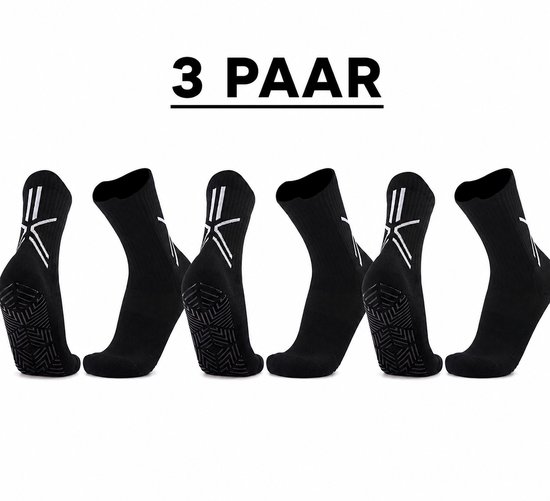 Zwarte sportsokken met antislipzolen, witte strepen en een wit stersymbool. 3 paar.
