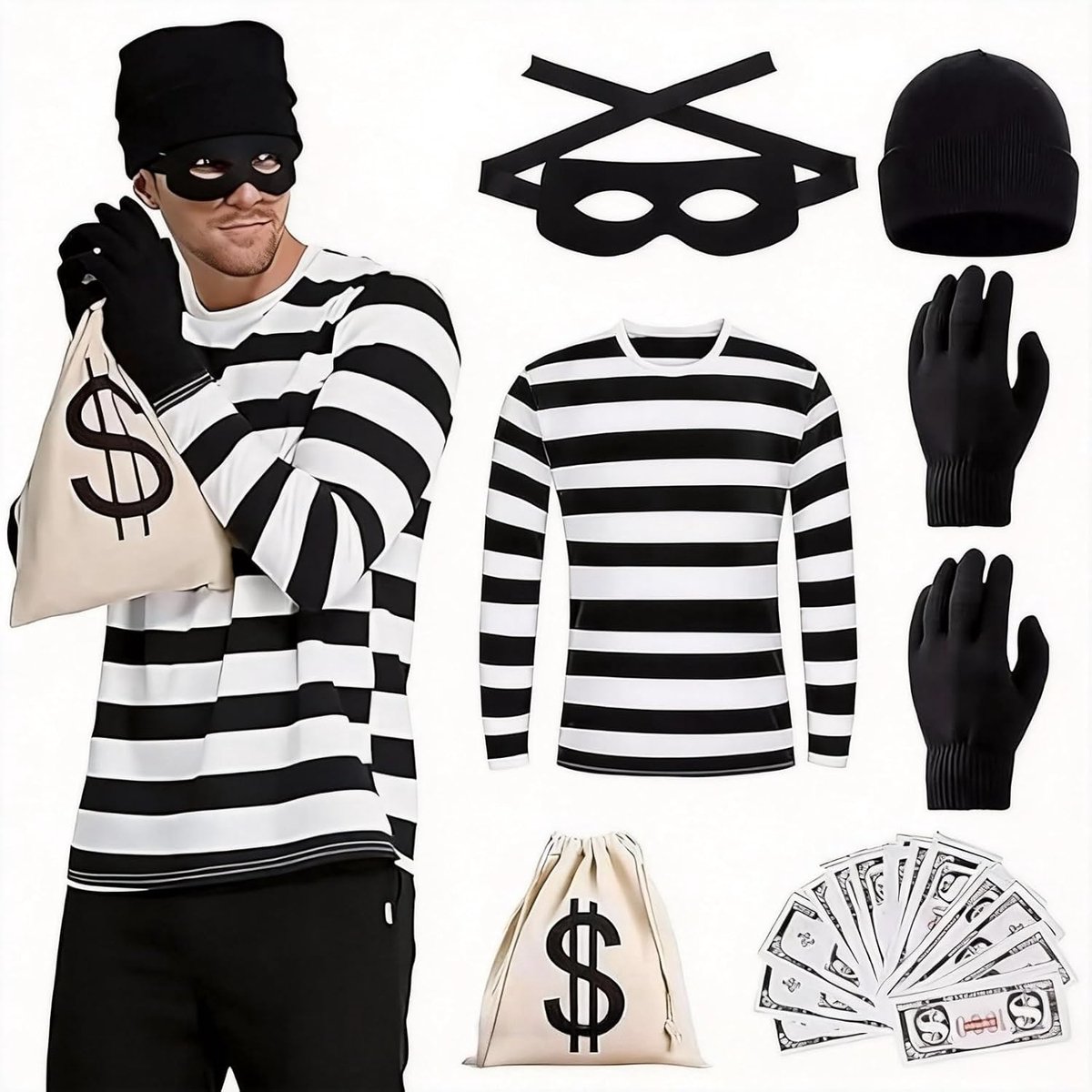 6pcs Robber Costume Set for Adult Burglar Costume Set Police and Robbers Fancy Dress with Black and White Striped - ShopVlot