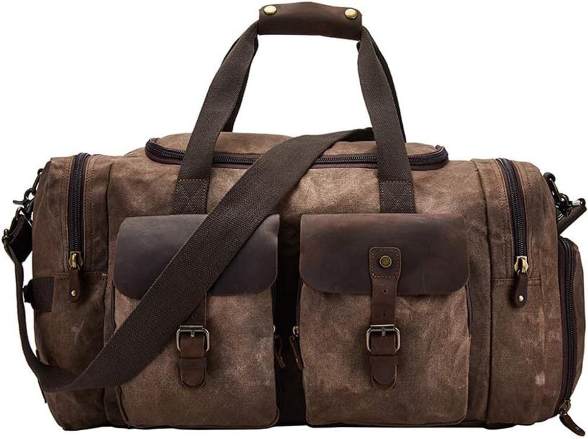Men's Waxed Canvas Vintage Overnight Duffel Weekend Bag with Shoes Compartment - ShopVlot