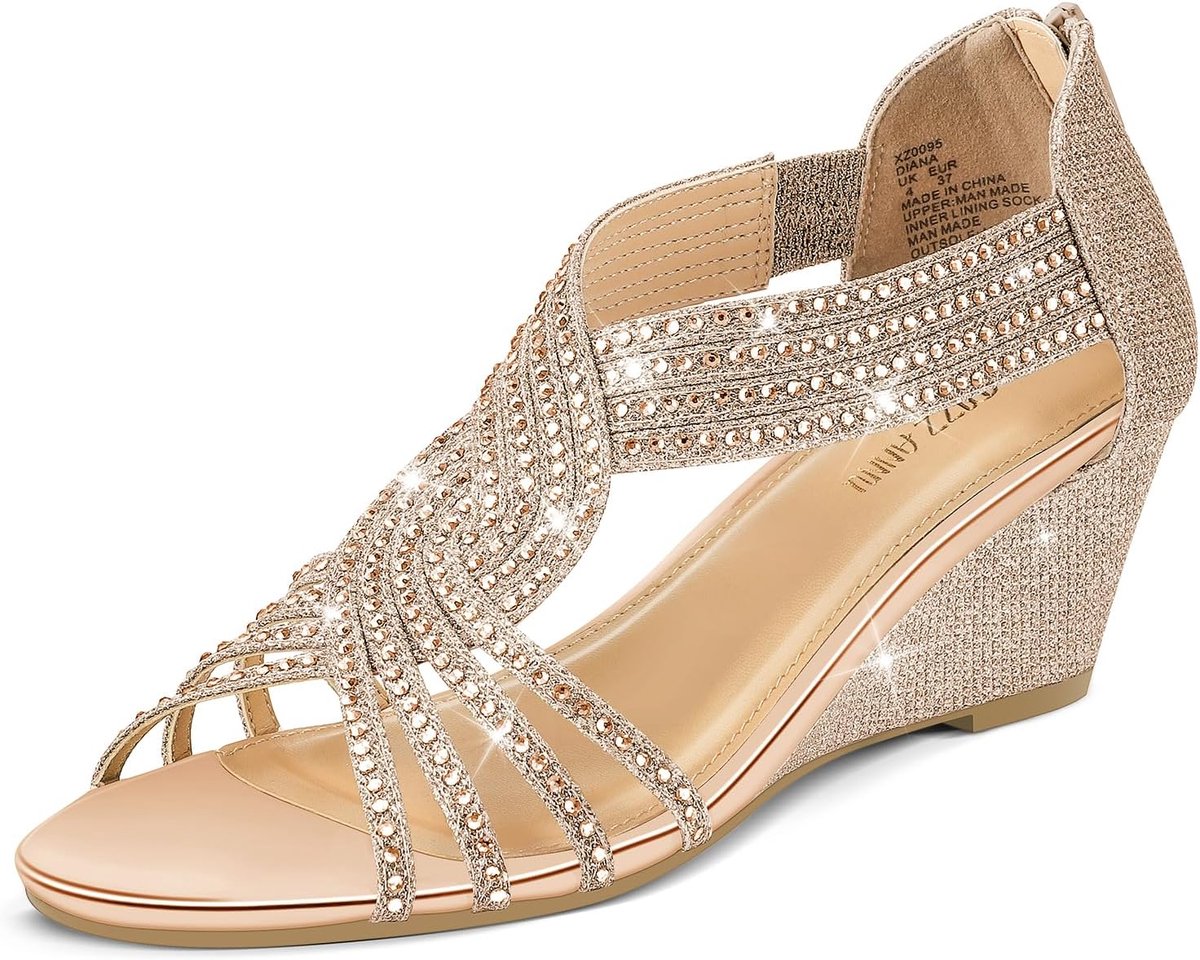 PIZZ ANNU Diana Sandals Women Wedge Sandals Shoes with Rhinestone and Glitter Elegant Women's Shoes for Wedding Party - ShopVlot