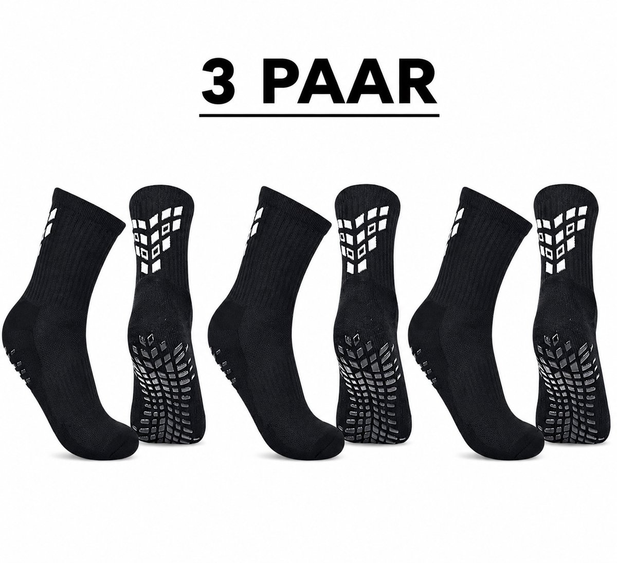 Gripsokken 3 Paar Zwart (39-45) – Antislip Sportsokken voor Voetbal, Fitness, Padel & Pilates – Anti-Blaren