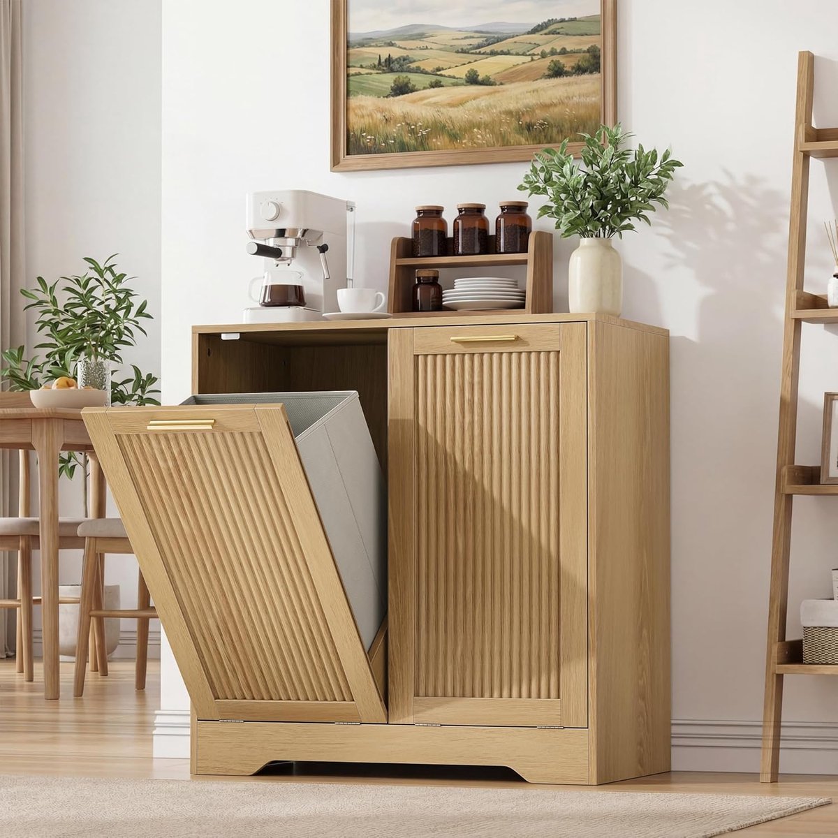 Smuxee Double Tilting Laundry Basket, Hidden Laundry Cabinet with Double Baskets, Natural Trash Can with Small Ribbed - ShopVlot
