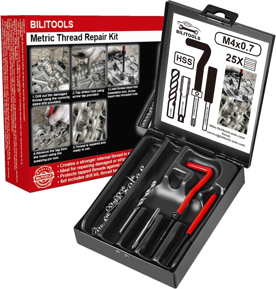 BILITOOLS M4 x 0,7 reparatieset voor metrische spiraaldraad, reparatieset voor boorspoelen, HSS - ShopVlot