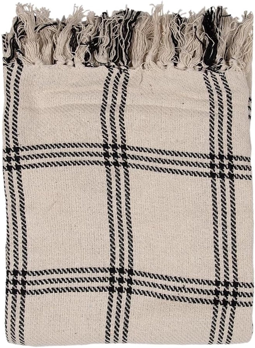Clayre & Eef Plaid 125x150cm Beige Black Cotton Checkered Blanket - ShopVlot